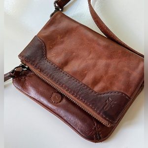 FRYE Melissa Stadium Cognac Brown Leather Foldover Crossbody Shoulder Bag
